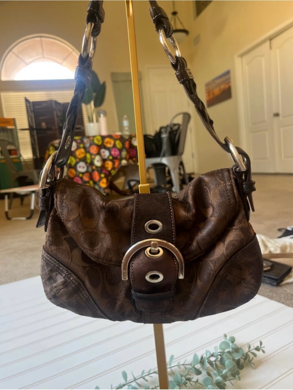 Coach Brown Signature Leather Shoulder Bag with Silver Hardware